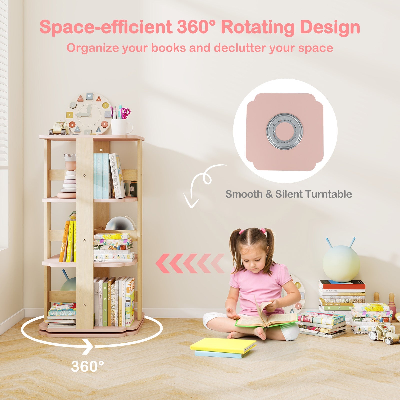 360° Spinning 3-Tier Kids Book Shelf Tower with 12 Sectors