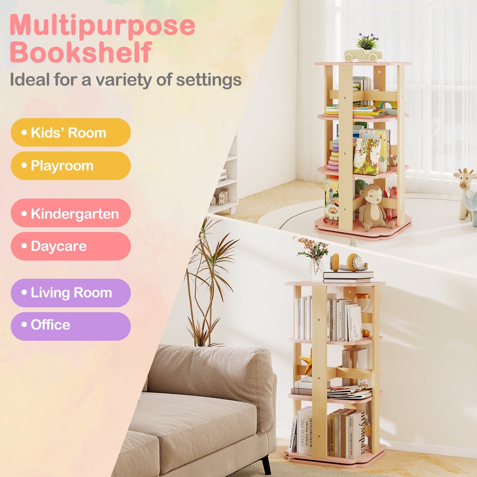 360° Spinning 3-Tier Kids Book Shelf Tower with 12 Sectors