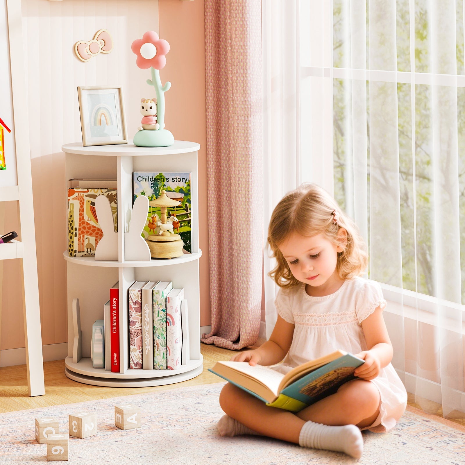 Cute 2-tier Kids Bookcase with Bunny/ Bear Bookends & 8 Compartments