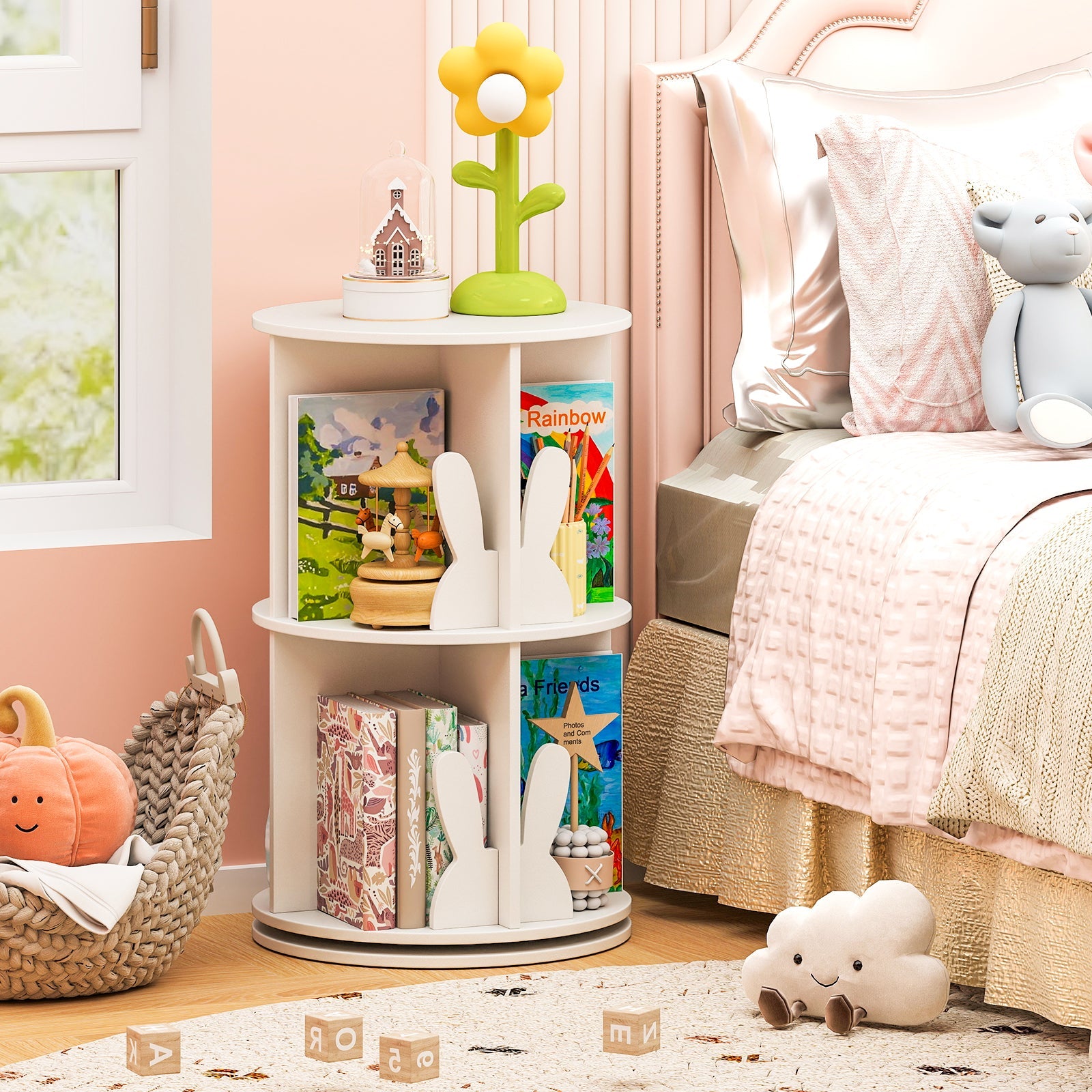Cute 2-tier Kids Bookcase with Bunny/ Bear Bookends & 8 Compartments