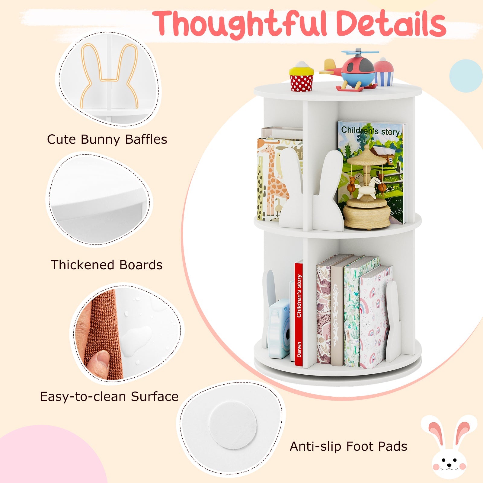 Cute 2-tier Kids Bookcase with Bunny/ Bear Bookends & 8 Compartments