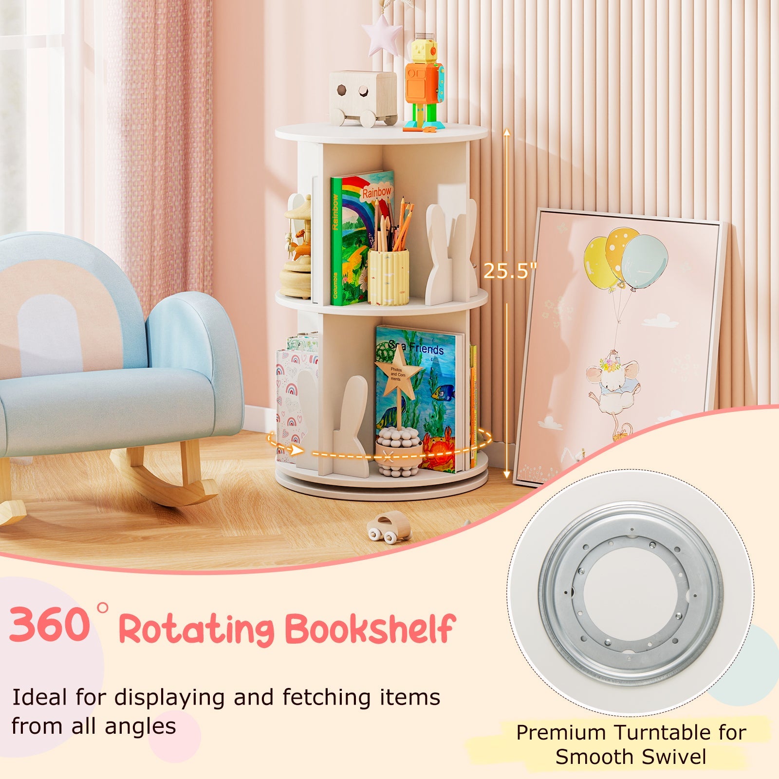 Cute 2-tier Kids Bookcase with Bunny/ Bear Bookends & 8 Compartments