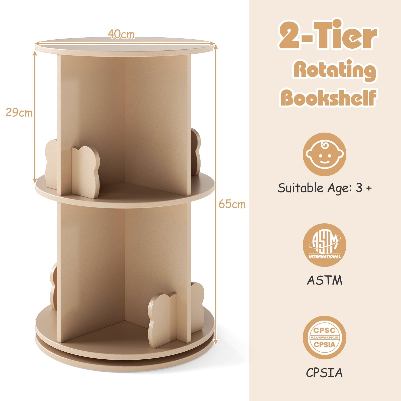 Kids Rotating Bookshelf, Cute 2-tier Kids Bookcase with Bookends & 8 Compartments
