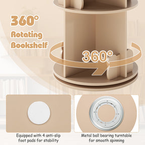 Kids Rotating Bookshelf, Cute 2-tier Kids Bookcase with Bookends & 8 Compartments