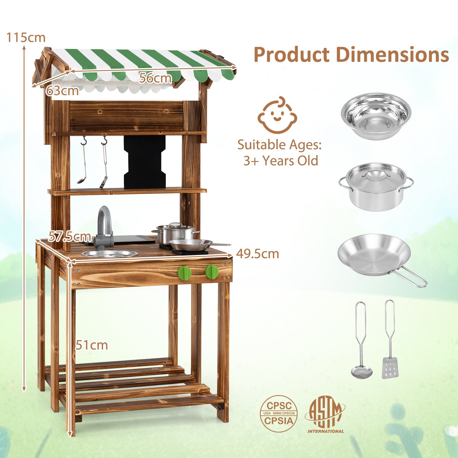 Double-Sided Mud Kitchen, Wooden Barbecue Grill Playset
