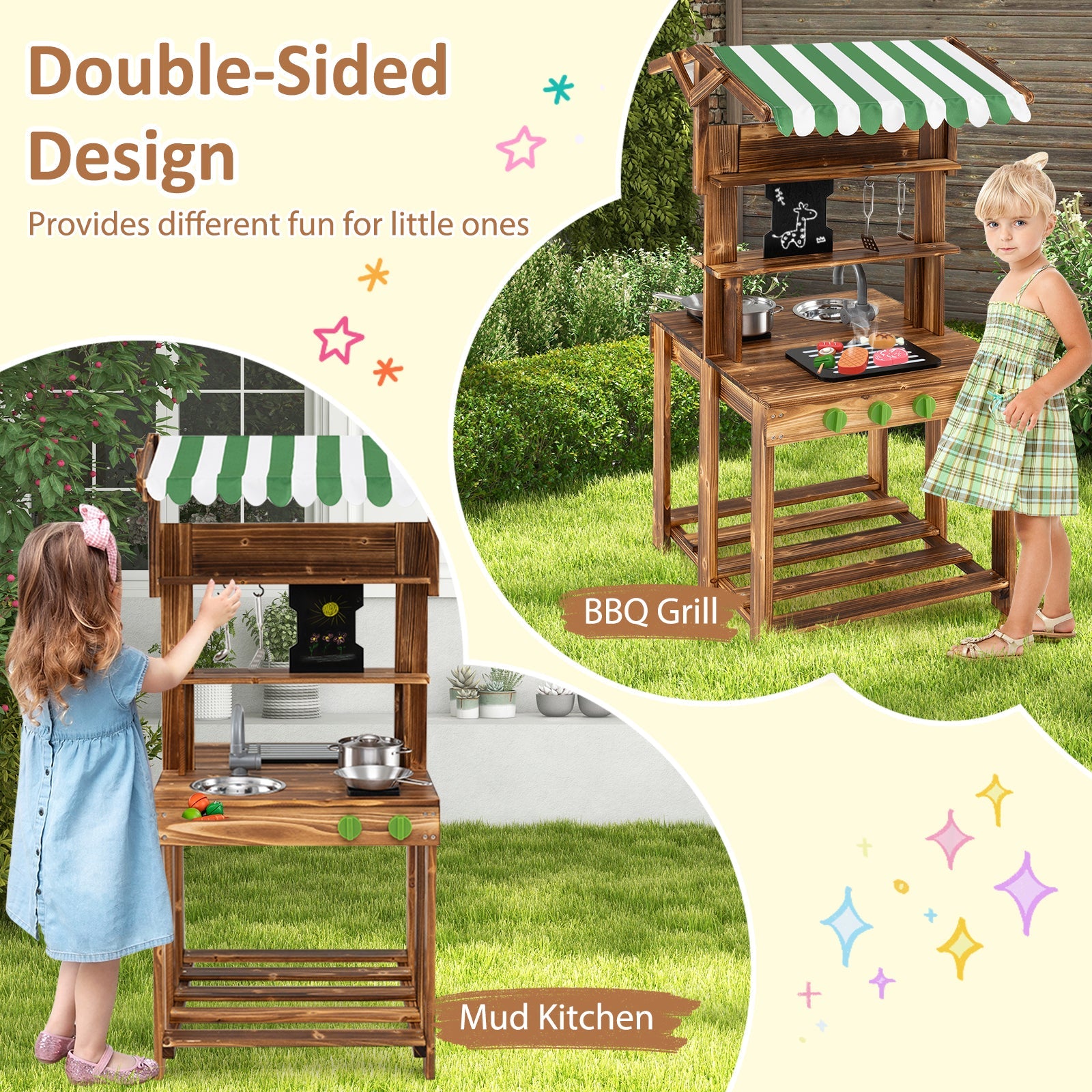 Double-Sided Mud Kitchen, Wooden Barbecue Grill Playset