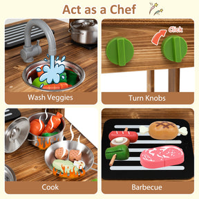 Double-Sided Mud Kitchen, Wooden Barbecue Grill Playset