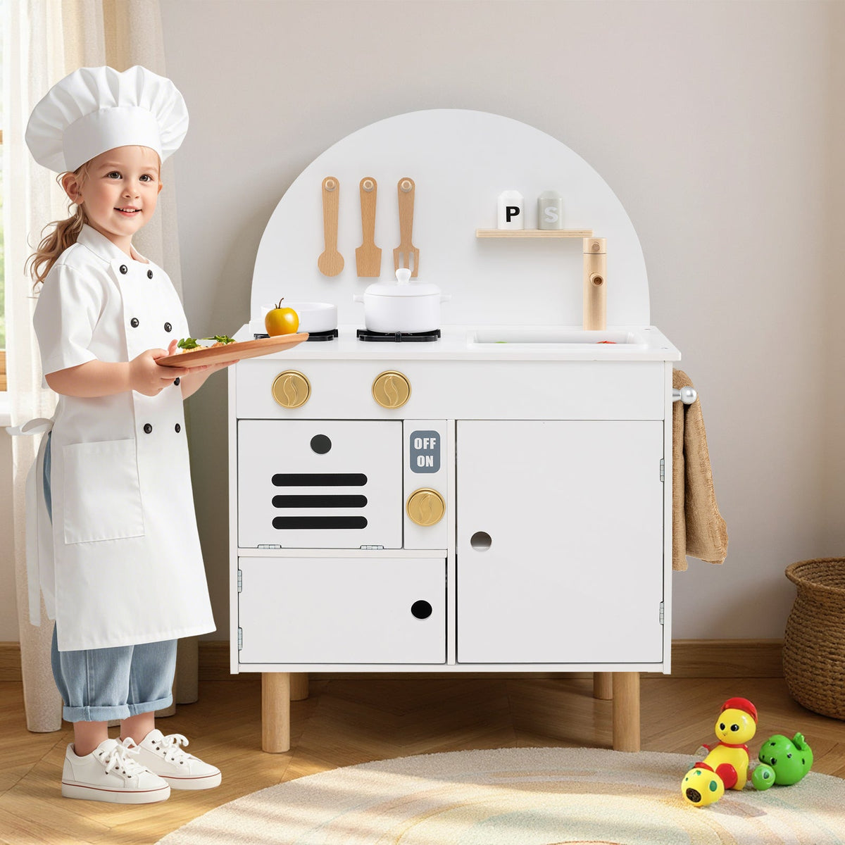 Play Kitchen for Kids, Wooden Kitchen Playset with Stoves, Faucet, Sink, Microwave & Oven