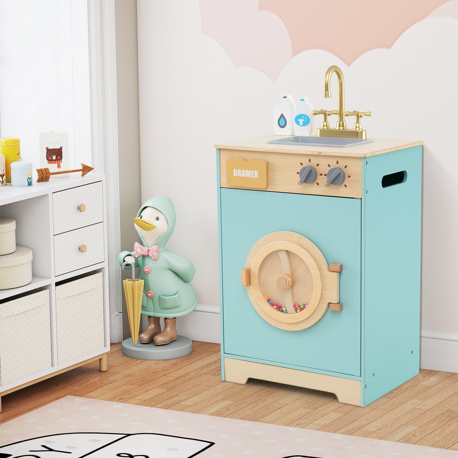 Kids Washer Playset, Toy Washing Machine with Laundry Detergent & Hand Sanitizer