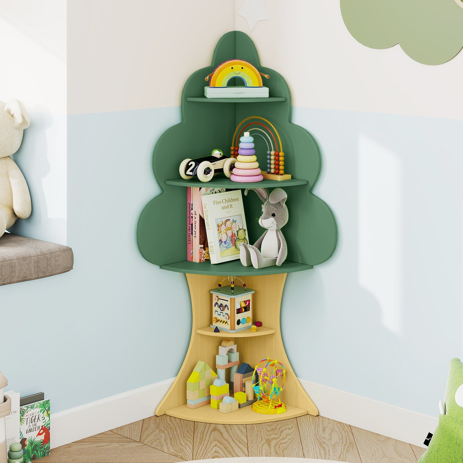 Tree Bookshelf for Kids, 5-Tier Children Book Display Rack with Anti-toppling System