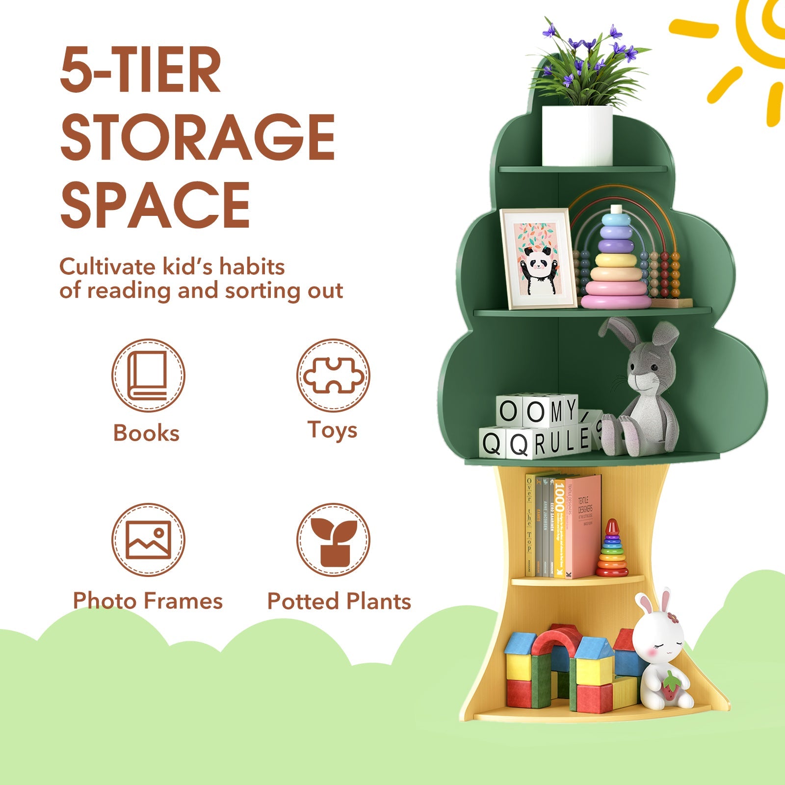 Tree Bookshelf for Kids, 5-Tier Children Book Display Rack with Anti-toppling System