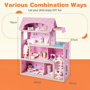 Wooden Dollhouse, Kids DIY Pretend Playhouse w/ 33 PCS Furniture Accessories