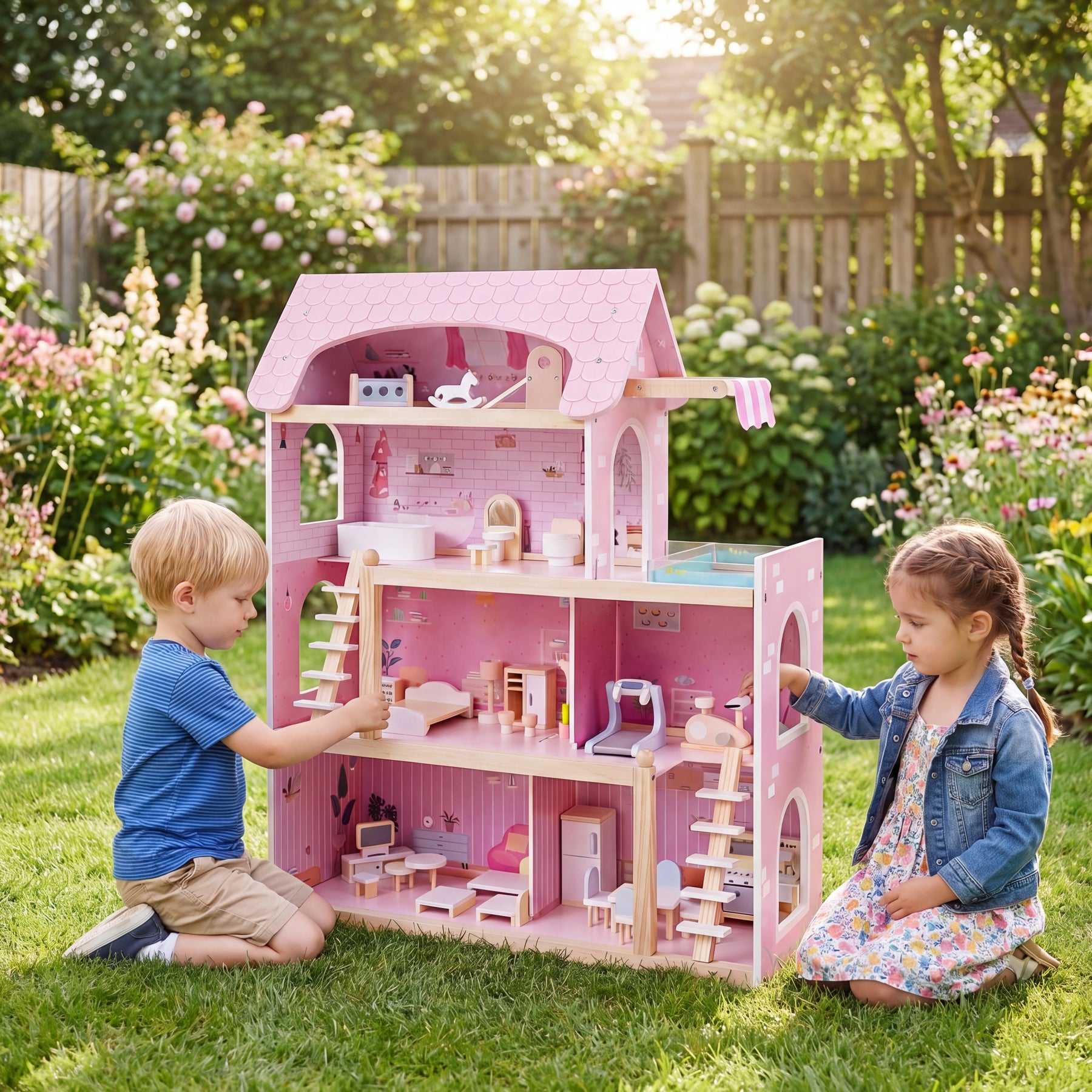 Wooden Dollhouse, Kids DIY Pretend Playhouse w/ 33 PCS Furniture Accessories
