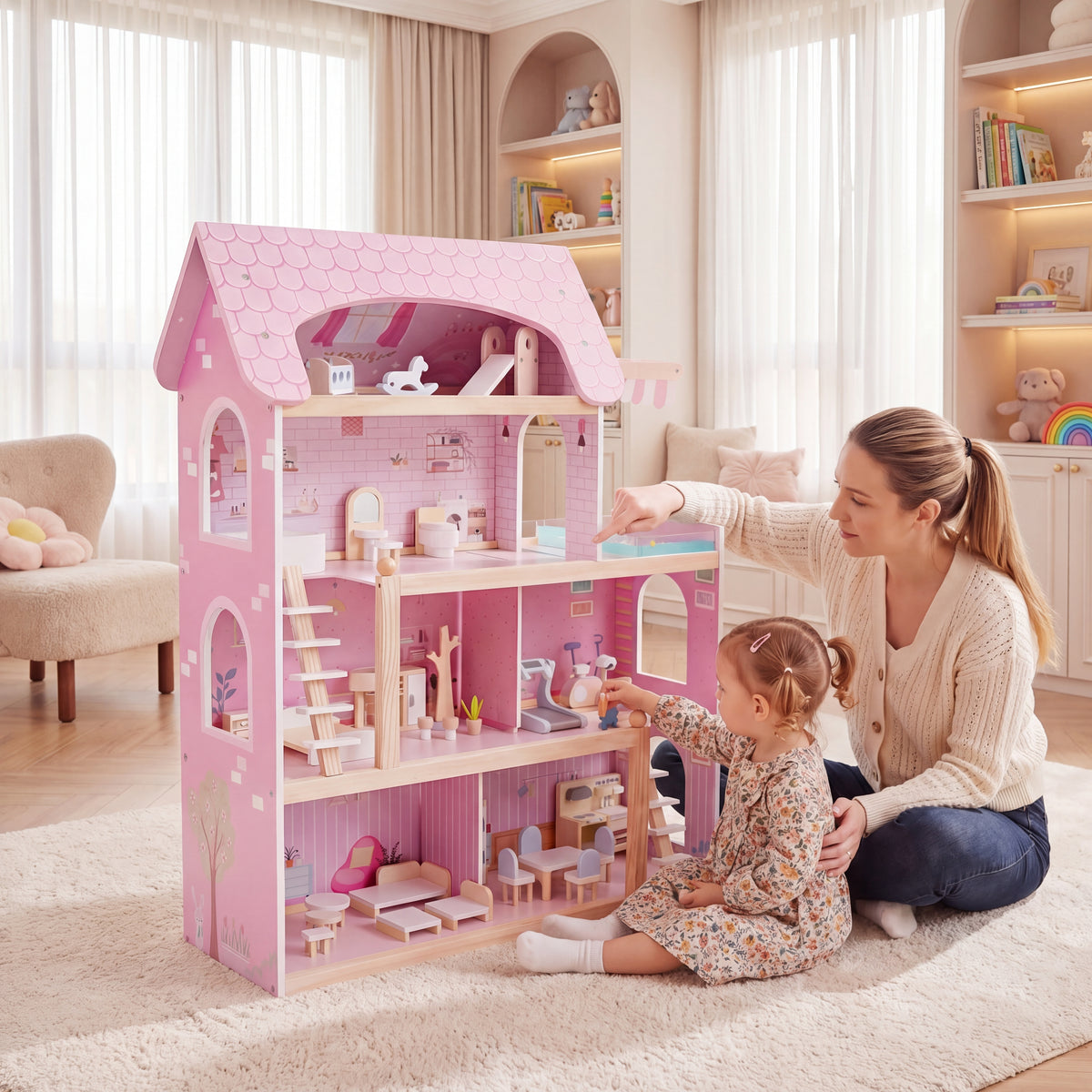 Wooden Dollhouse, Kids DIY Pretend Playhouse w/ 33 PCS Furniture Accessories