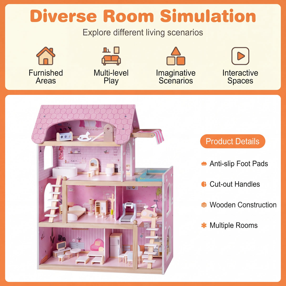 Wooden Dollhouse, Kids DIY Pretend Playhouse w/ 33 PCS Furniture Accessories