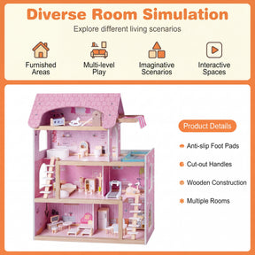 Wooden Dollhouse, Kids DIY Pretend Playhouse w/ 33 PCS Furniture Accessories
