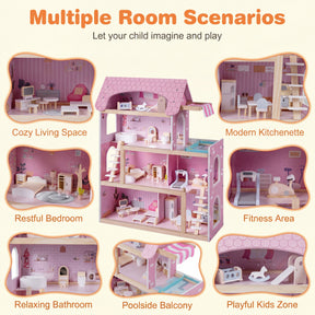 Wooden Dollhouse, Kids DIY Pretend Playhouse w/ 33 PCS Furniture Accessories