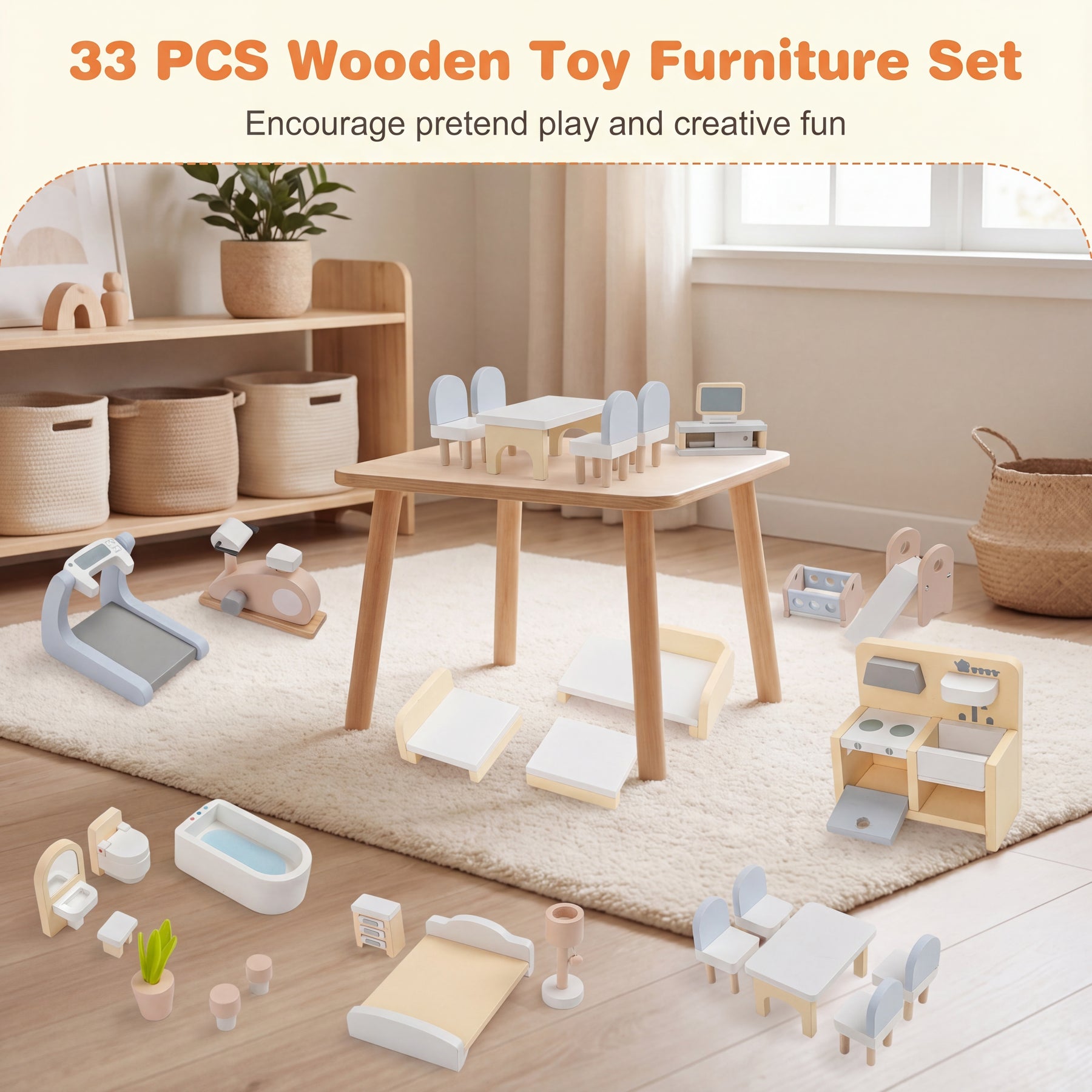 Wooden Dollhouse, Kids DIY Pretend Playhouse w/ 33 PCS Furniture Accessories
