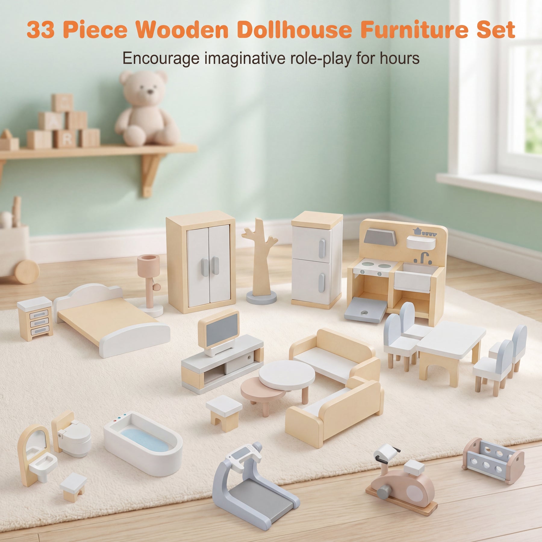 Wooden Dollhouse, Kids DIY Pretend Playhouse w/ 33 PCS Furniture Accessories