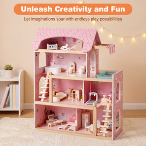 Wooden Dollhouse, Kids DIY Pretend Playhouse w/ 33 PCS Furniture Accessories