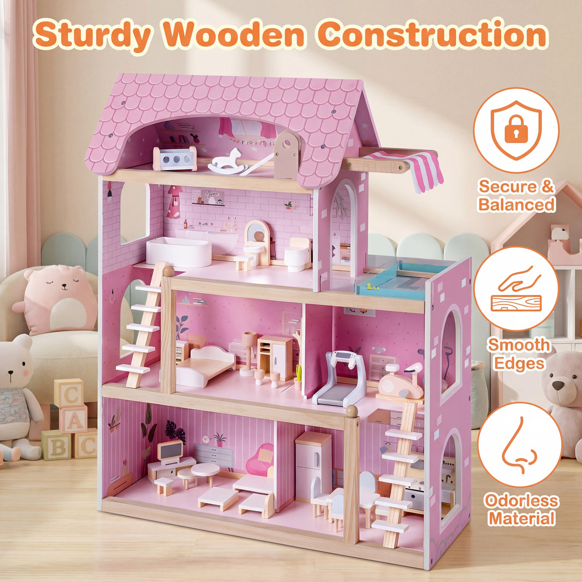 Wooden Dollhouse, Kids DIY Pretend Playhouse w/ 33 PCS Furniture Accessories
