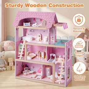 Wooden Dollhouse, Kids DIY Pretend Playhouse w/ 33 PCS Furniture Accessories