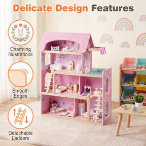 Wooden Dollhouse, Kids DIY Pretend Playhouse w/ 33 PCS Furniture Accessories