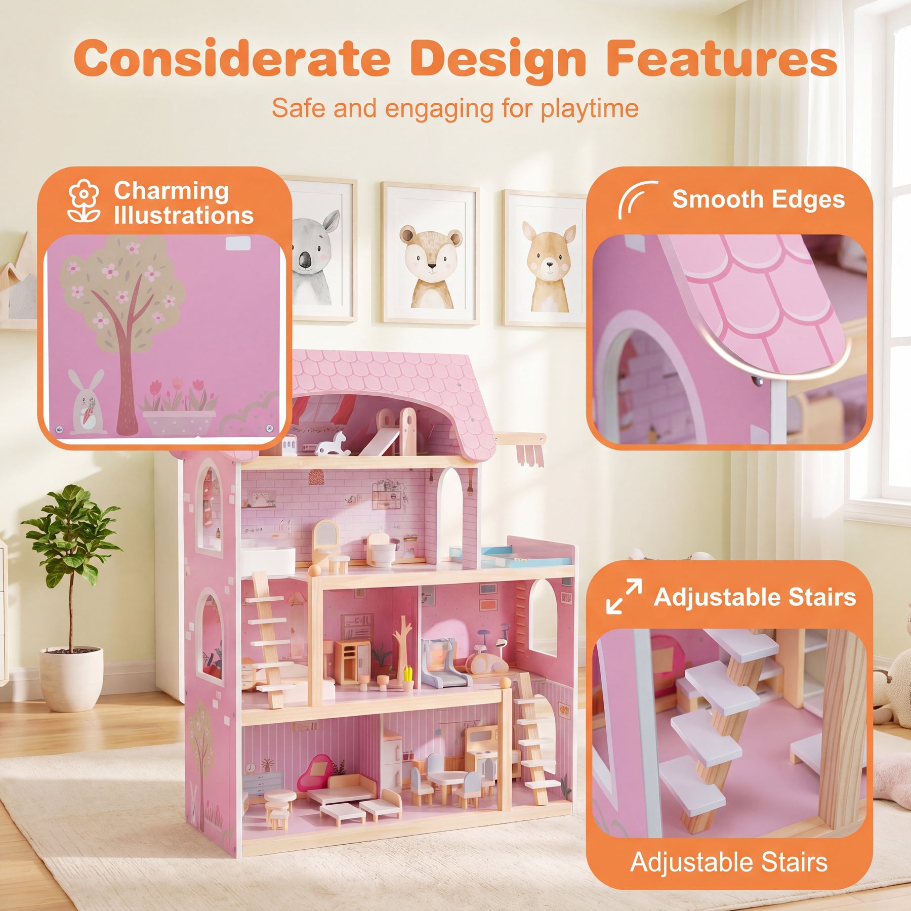 Wooden Dollhouse, Kids DIY Pretend Playhouse w/ 33 PCS Furniture Accessories