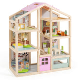 Kids Wooden Dollhouse, Modern Family Playhouse w/Furniture Pieces & Figures for Pretend Play, DIY House Toy w/Garage & Openable Door for Girls & Boys 3+ Years