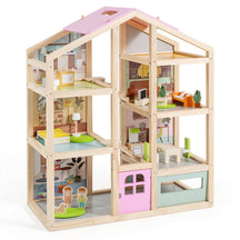 Kids Wooden Dollhouse, Modern Family Playhouse w/Furniture Pieces & Figures for Pretend Play, DIY House Toy w/Garage & Openable Door for Girls & Boys 3+ Years