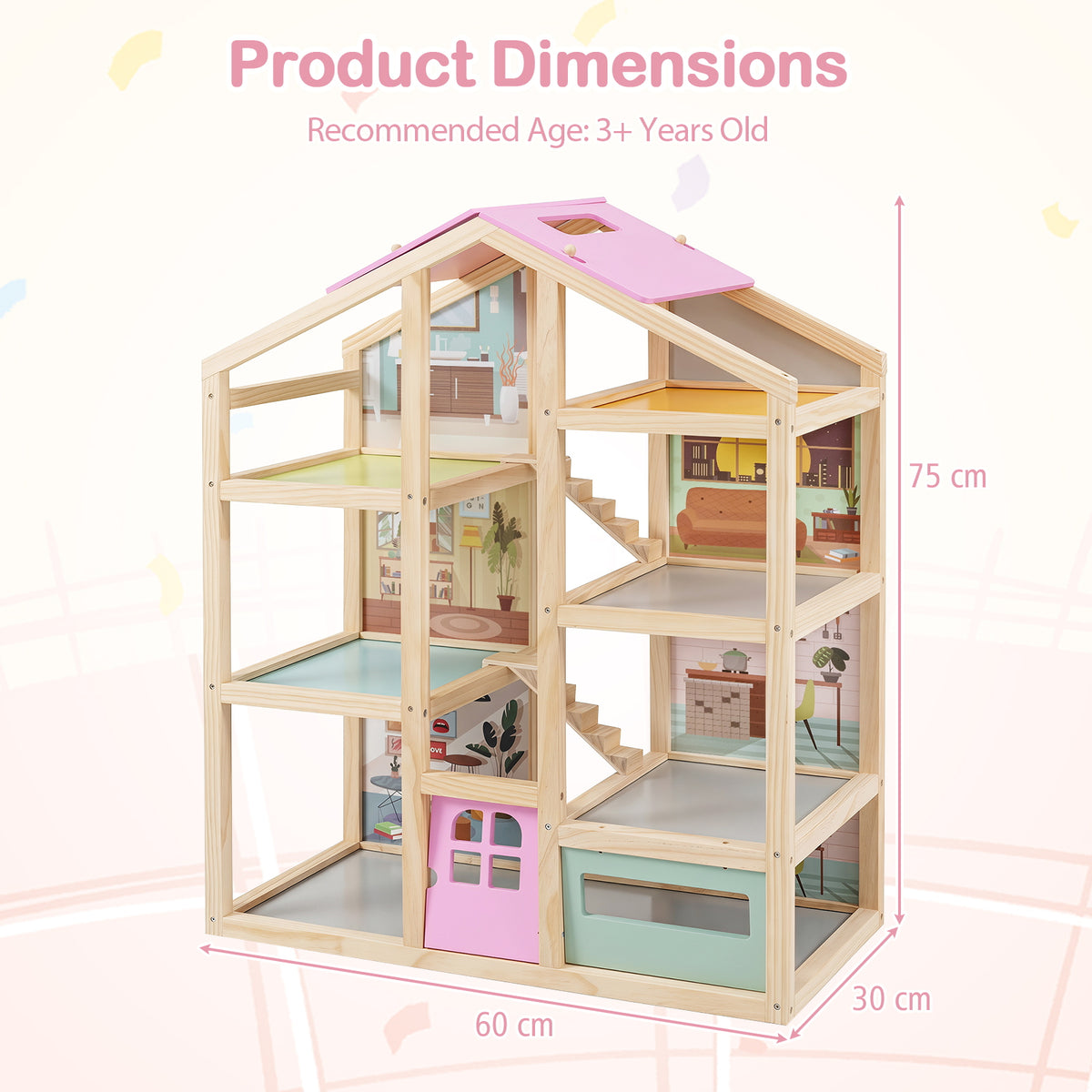 Kids Wooden Dollhouse, Modern Family Playhouse w/Furniture Pieces & Figures for Pretend Play, DIY House Toy w/Garage & Openable Door for Girls & Boys 3+ Years
