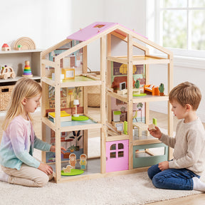 Kids Wooden Dollhouse, Modern Family Playhouse w/Furniture Pieces & Figures for Pretend Play, DIY House Toy w/Garage & Openable Door for Girls & Boys 3+ Years