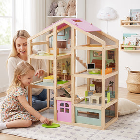 Kids Wooden Dollhouse, Modern Family Playhouse w/Furniture Pieces & Figures for Pretend Play, DIY House Toy w/Garage & Openable Door for Girls & Boys 3+ Years
