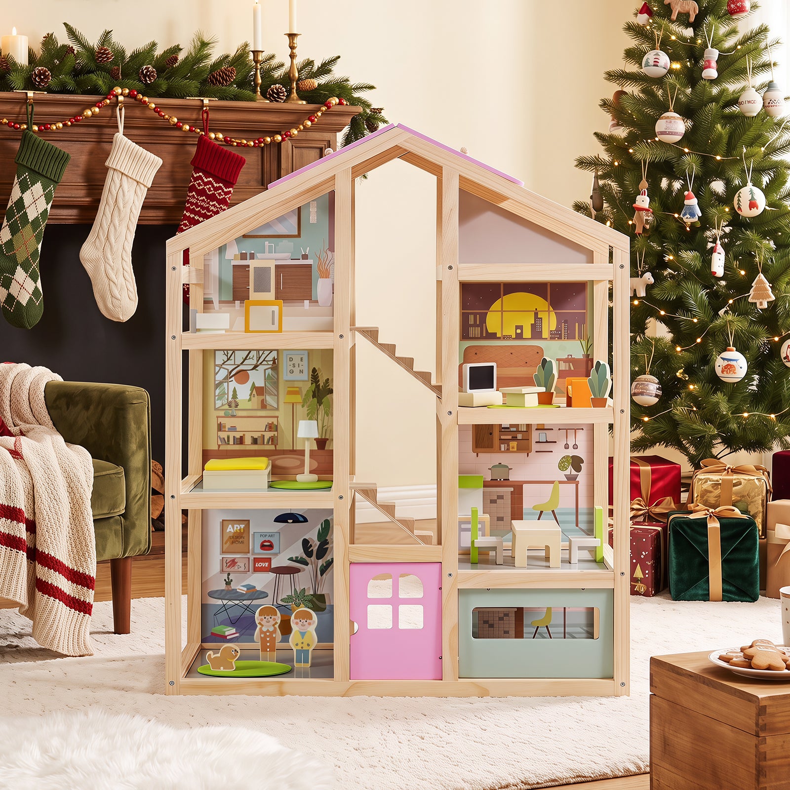 Kids Wooden Dollhouse, Modern Family Playhouse w/Furniture Pieces & Figures for Pretend Play, DIY House Toy w/Garage & Openable Door for Girls & Boys 3+ Years