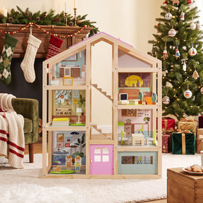 Kids Wooden Dollhouse, Modern Family Playhouse w/Furniture Pieces & Figures for Pretend Play, DIY House Toy w/Garage & Openable Door for Girls & Boys 3+ Years