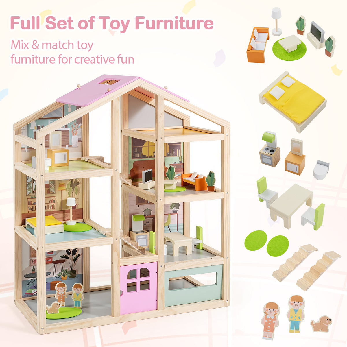 Kids Wooden Dollhouse, Modern Family Playhouse w/Furniture Pieces & Figures for Pretend Play, DIY House Toy w/Garage & Openable Door for Girls & Boys 3+ Years