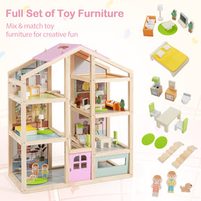 Kids Wooden Dollhouse, Modern Family Playhouse w/Furniture Pieces & Figures for Pretend Play, DIY House Toy w/Garage & Openable Door for Girls & Boys 3+ Years