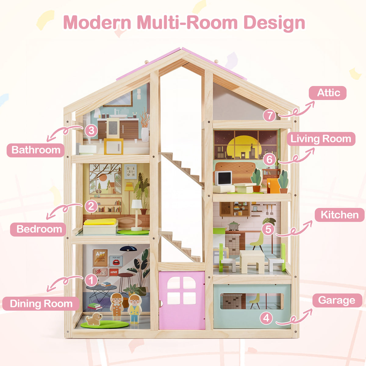Kids Wooden Dollhouse, Modern Family Playhouse w/Furniture Pieces & Figures for Pretend Play, DIY House Toy w/Garage & Openable Door for Girls & Boys 3+ Years