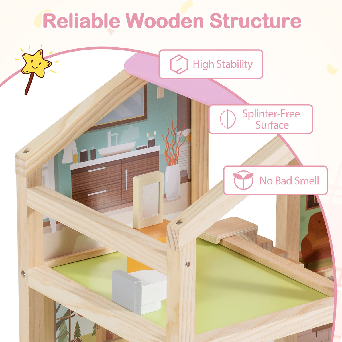 Kids Wooden Dollhouse, Modern Family Playhouse w/Furniture Pieces & Figures for Pretend Play, DIY House Toy w/Garage & Openable Door for Girls & Boys 3+ Years
