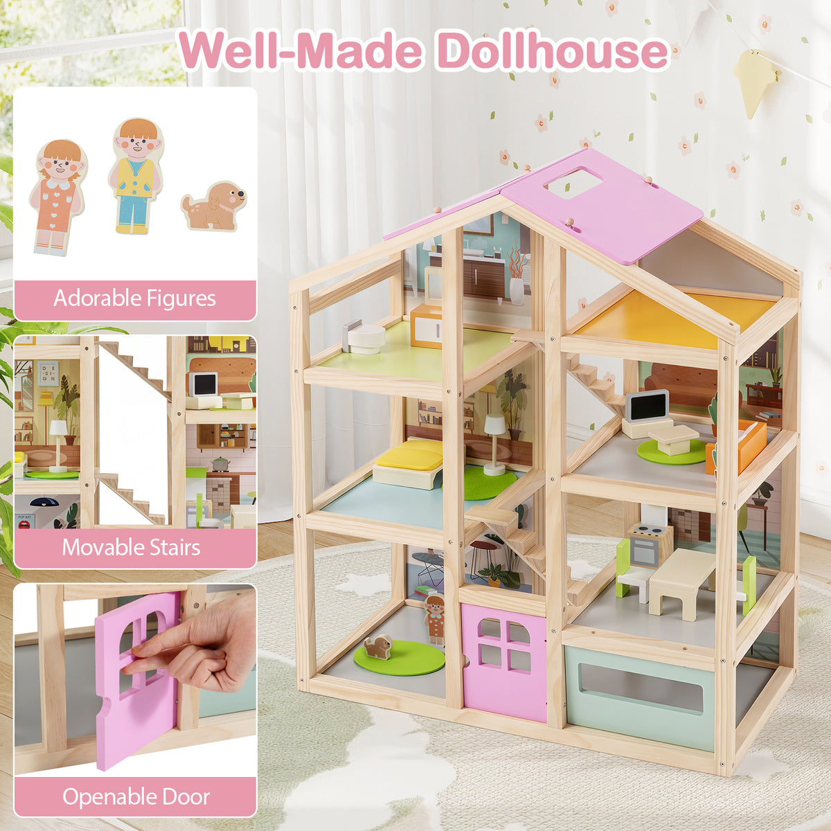 Kids Wooden Dollhouse, Modern Family Playhouse w/Furniture Pieces & Figures for Pretend Play, DIY House Toy w/Garage & Openable Door for Girls & Boys 3+ Years
