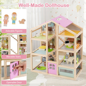 Kids Wooden Dollhouse, Modern Family Playhouse w/Furniture Pieces & Figures for Pretend Play, DIY House Toy w/Garage & Openable Door for Girls & Boys 3+ Years