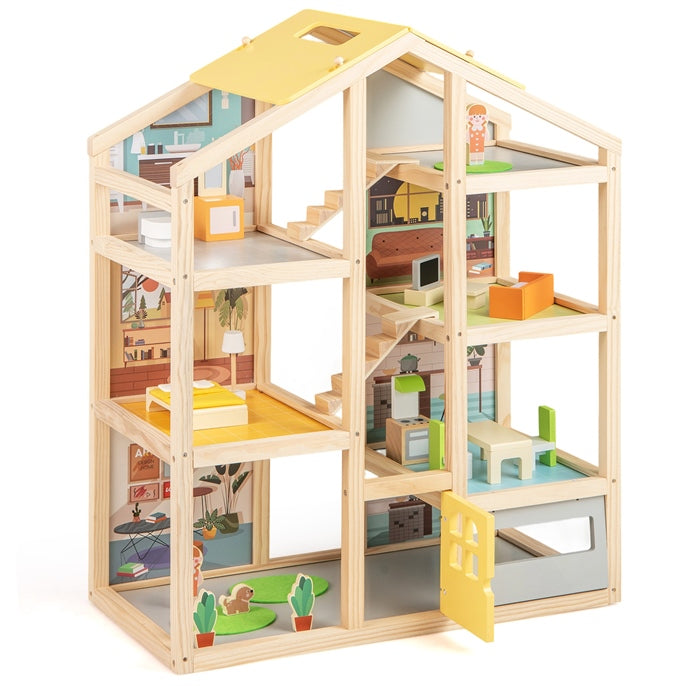 Kids Wooden Dollhouse, Modern Family Playhouse w/Furniture Pieces & Figures for Pretend Play, DIY House Toy w/Garage & Openable Door for Girls & Boys 3+ Years