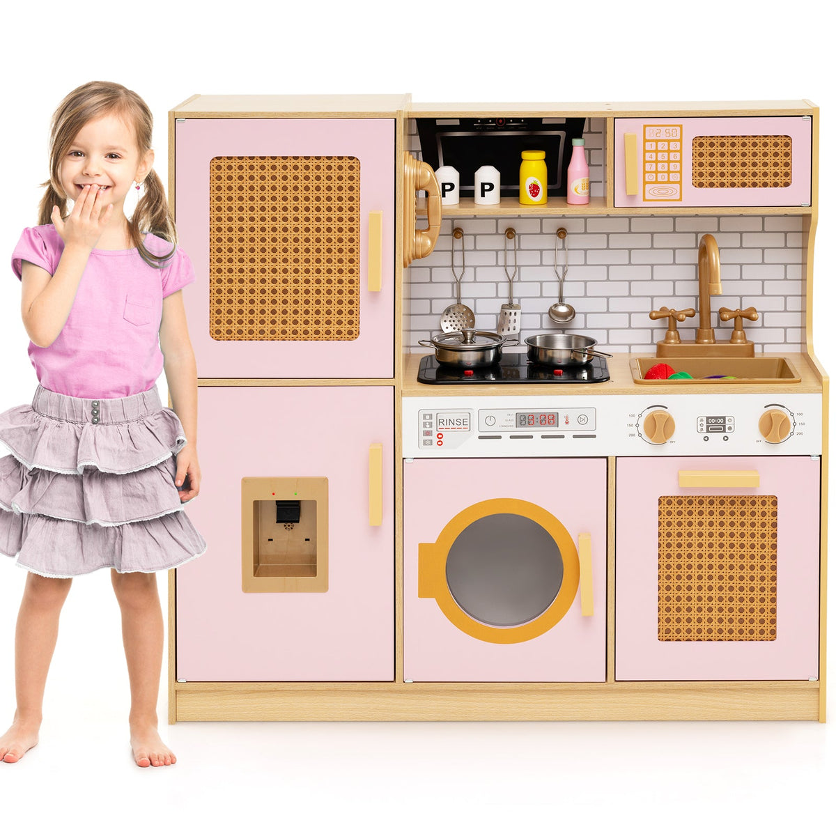Wooden Kids Kitchen Playset, Pretend Play Kitchen w/ Real Sounds Lights