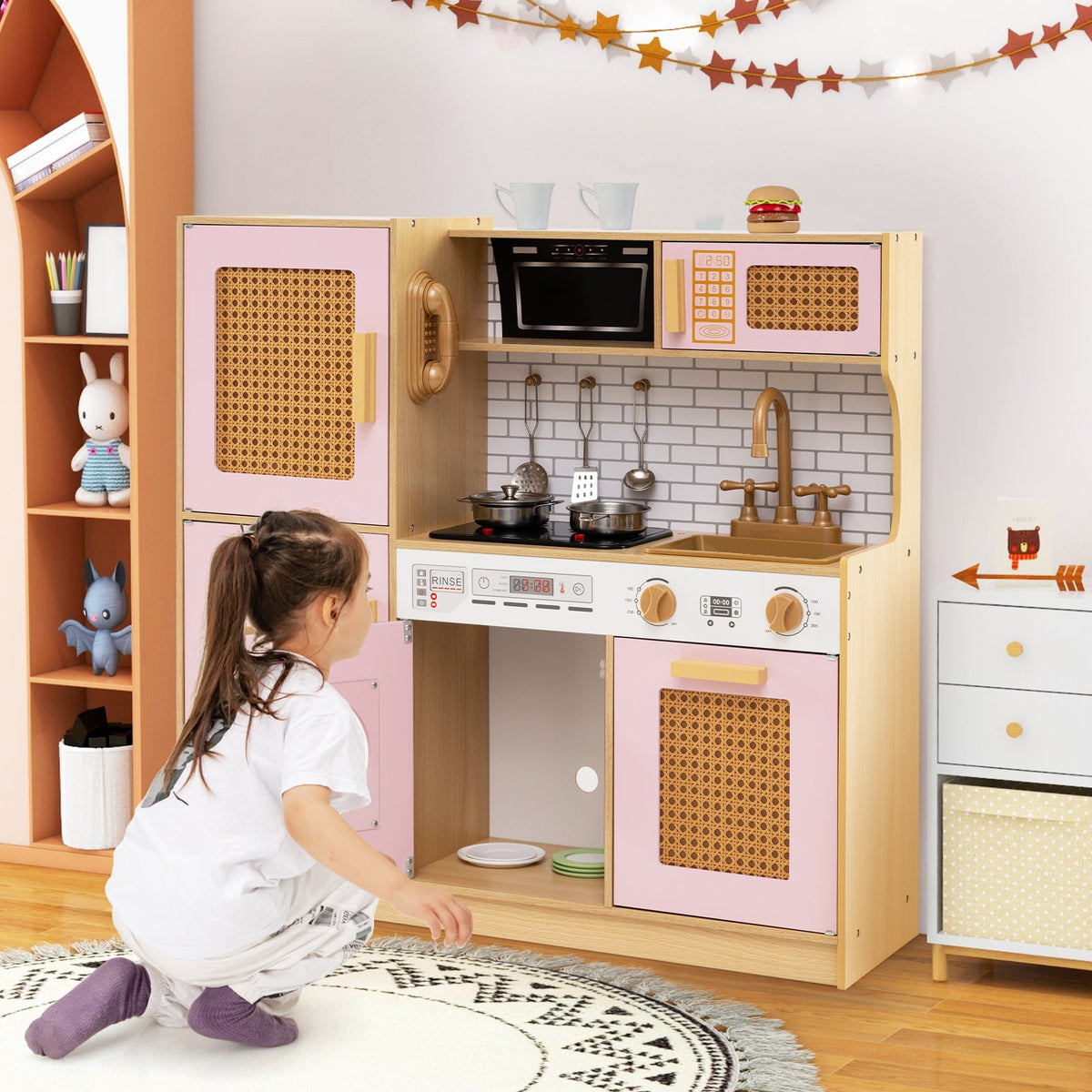 Wooden Kids Kitchen Playset, Pretend Play Kitchen w/ Real Sounds Lights