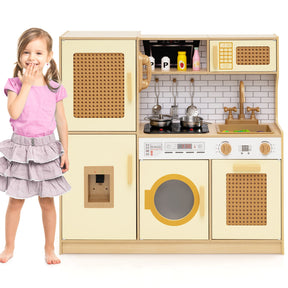 Wooden Kids Kitchen Playset, Pretend Play Kitchen w/ Real Sounds Lights