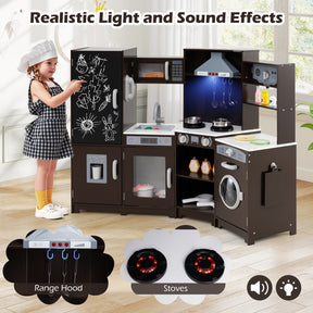 Corner Wooden Play Kitchen with Lights & Sounds, Large Pretend Play Kitchen Set with Blackboard