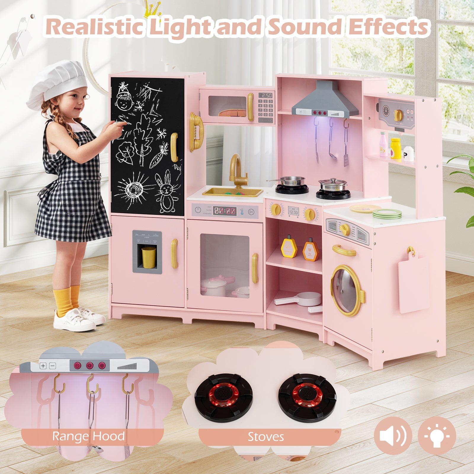 Corner Wooden Play Kitchen, Toy Kitchen Playset with Storage for Children 3+ Years Old