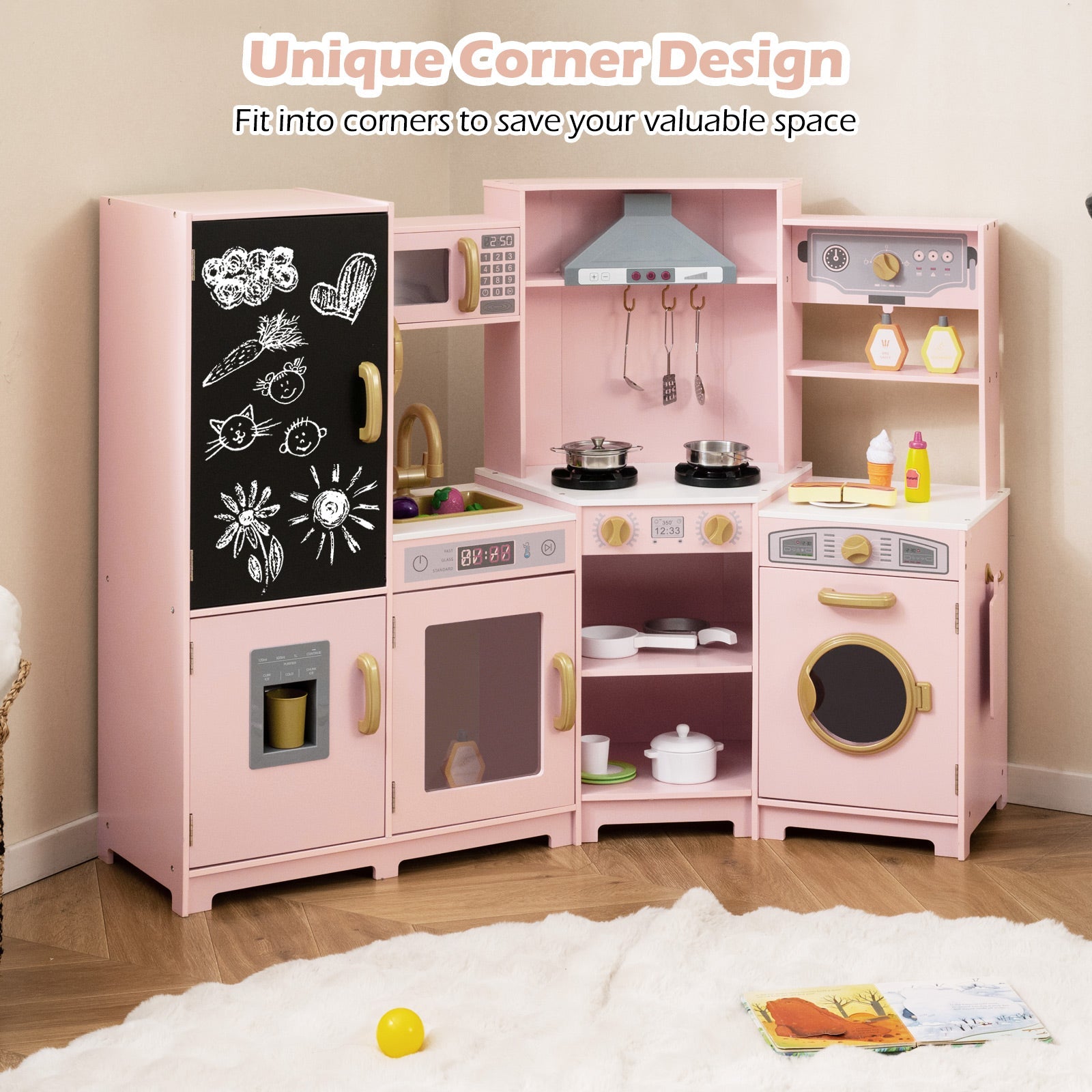 Corner Wooden Play Kitchen, Toy Kitchen Playset with Storage for Children 3+ Years Old