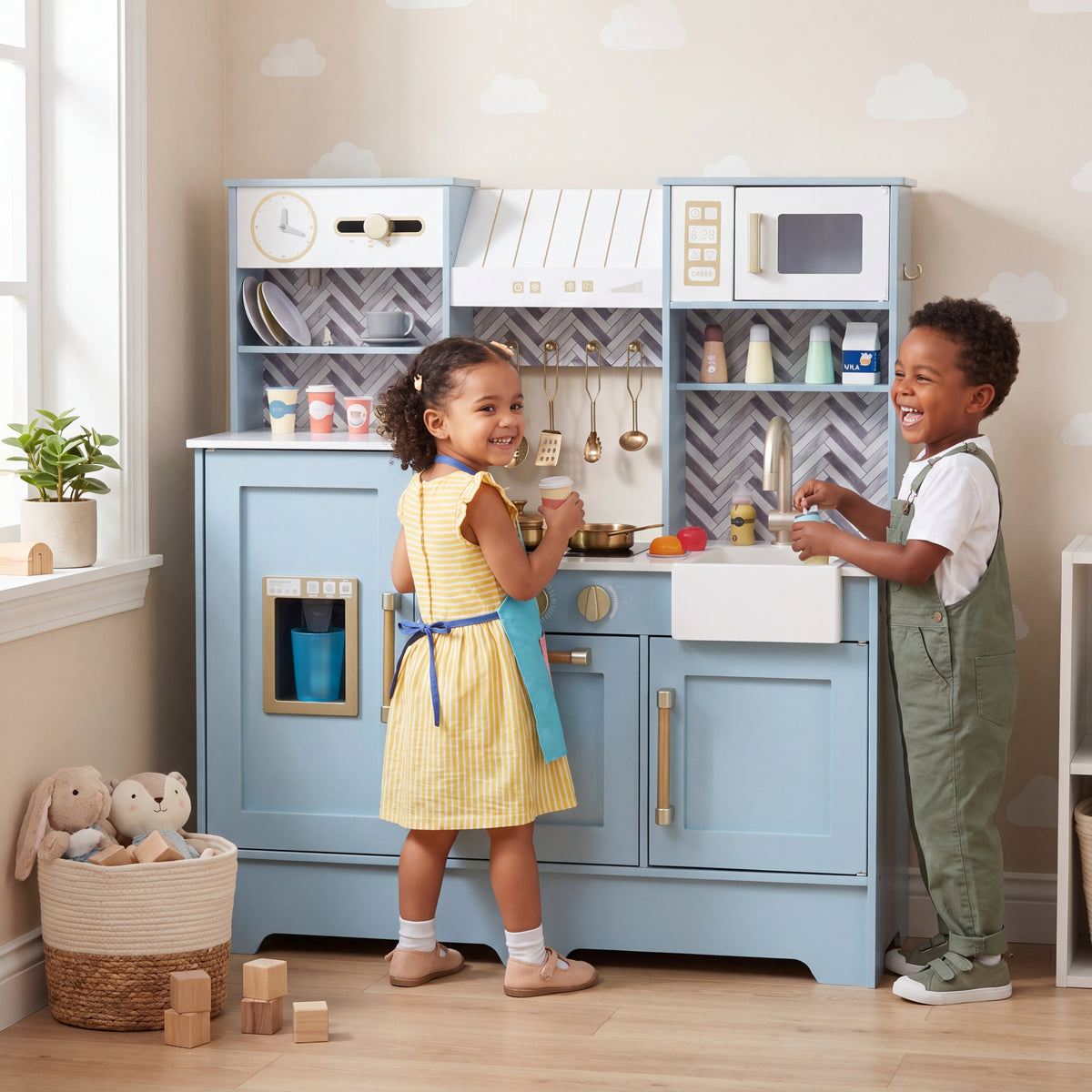 Wooden Play Kitchen for Kids, Kids Kitchen Playset with Coffee Station, Microwave, Range Hood, Ice Dispenser