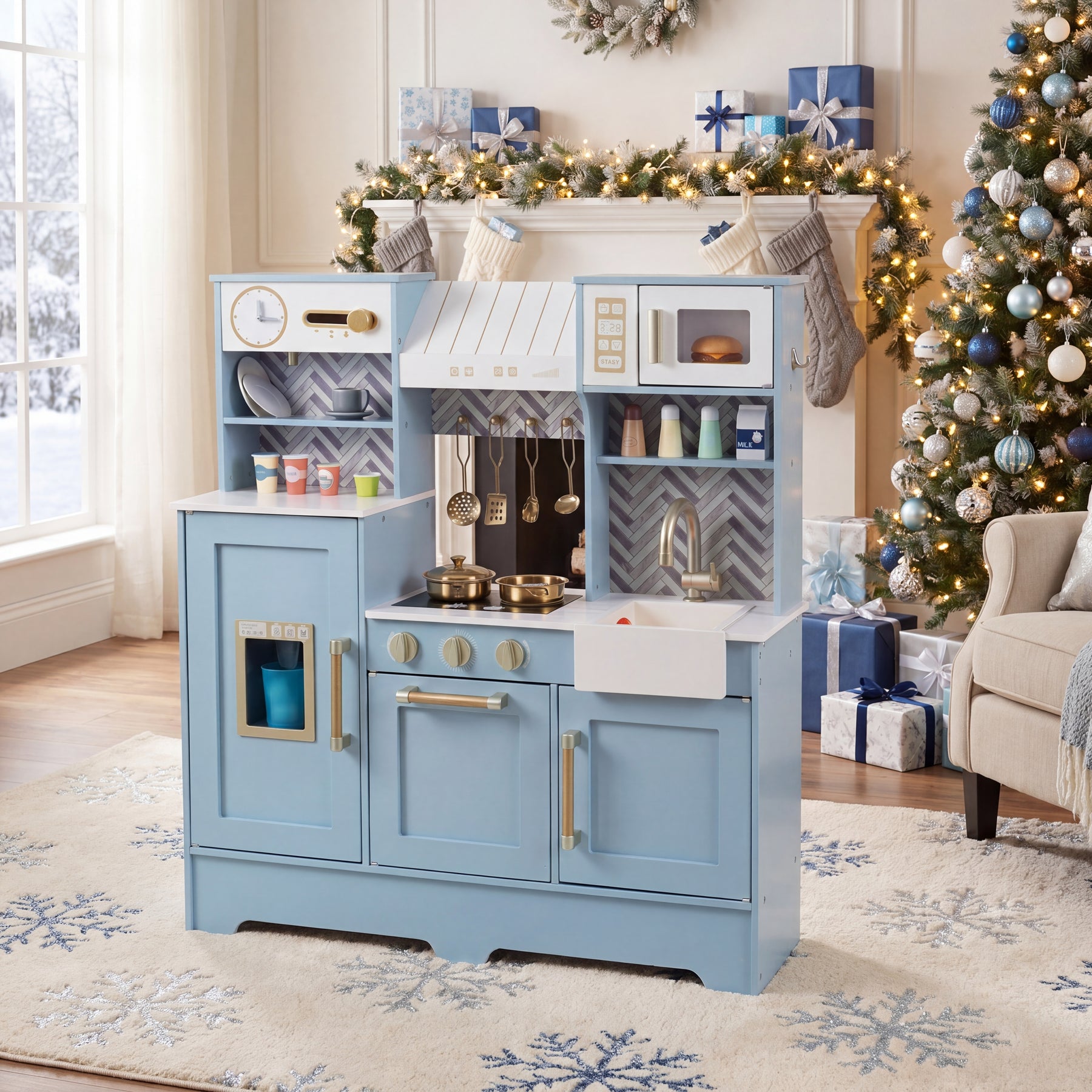 Wooden Play Kitchen for Kids, Kids Kitchen Playset with Coffee Station, Microwave, Range Hood, Ice Dispenser